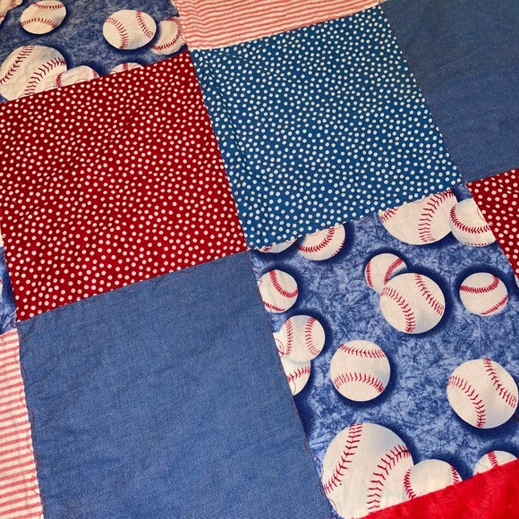 Handmade Hand Sewn Infant Blanket Bas ball Red White Blue 36”x28” - Picture 4 of 4
